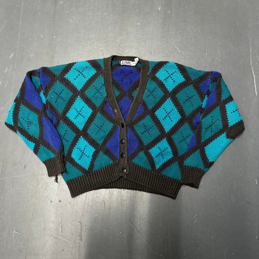 Vintage women's multicolor argyle knit button up cardigan sweater